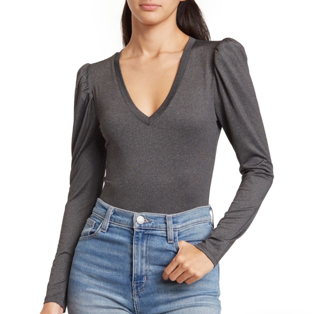 ❌Melrose and Market Women Puffed Shoulder Vneck Bodysuit Fitted Gray Medium